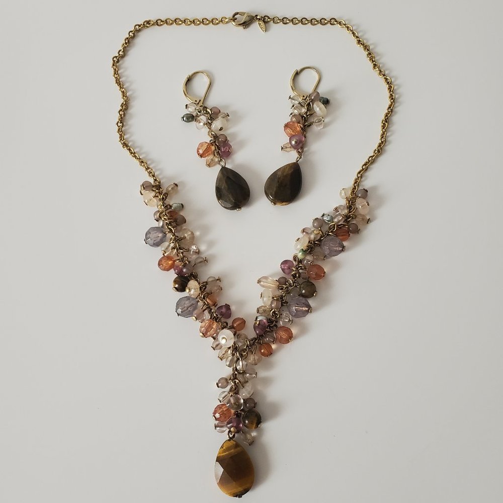 Vintage 2005 Avon Genuine Tiger's Eye Y-Drop Necklace and Earring Set